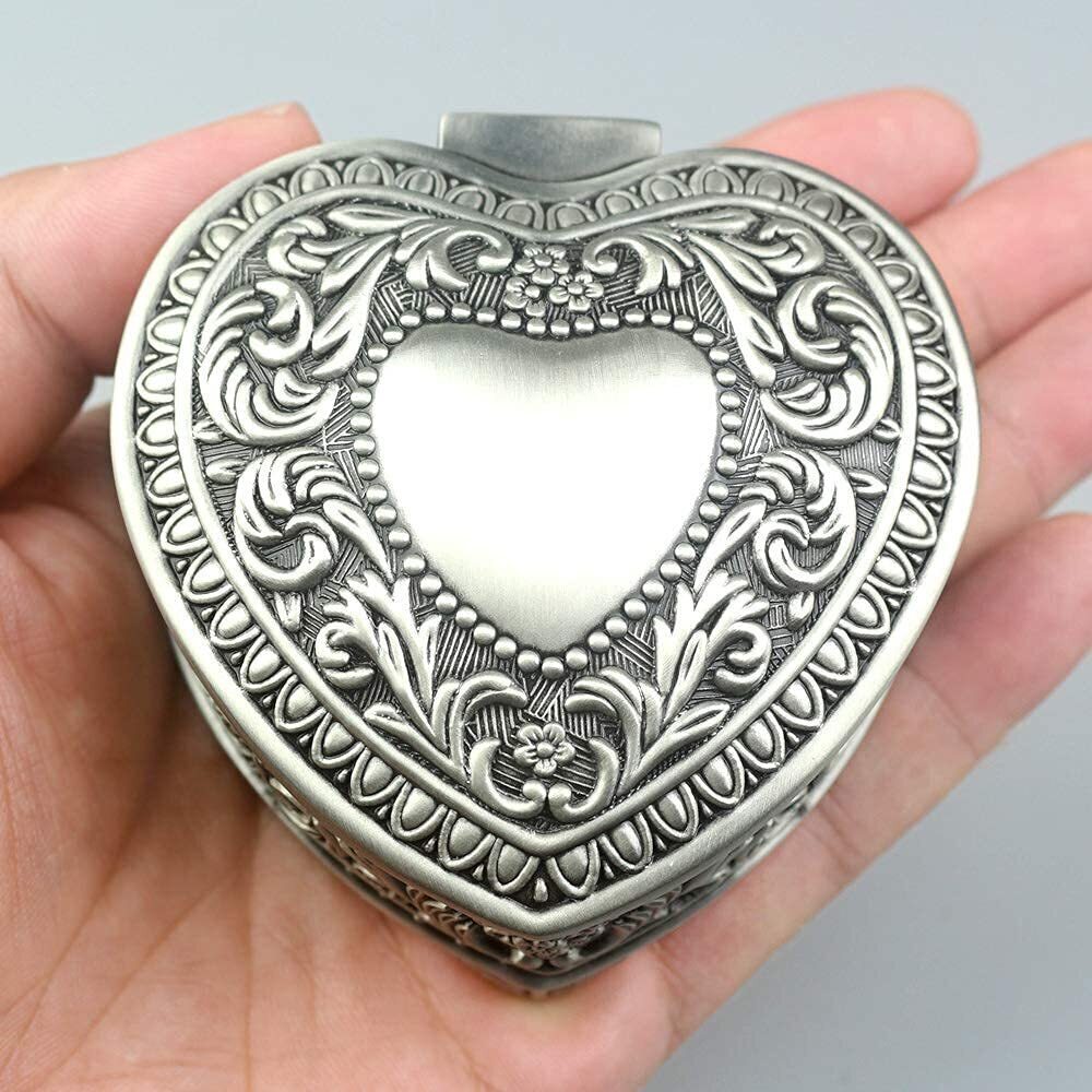1036 Heart-shaped Emboss Alloy Metal Music Box Wind Up Antique Jewelry